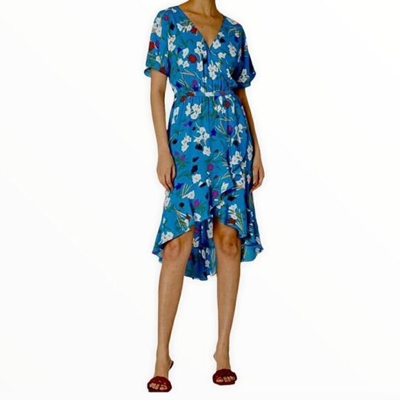 J. Crew Mercantile High Low Faux Wrap Dress women's size Medium Blue floral - Picture 1 of 11